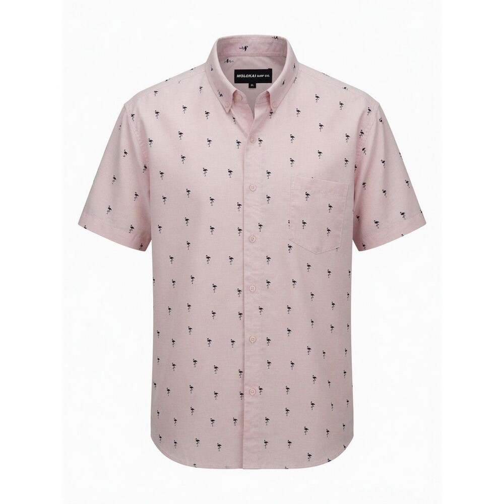 Pink Navy Flamingo Print Button Down Shirt Mens XL Short Sleeve Molokai Surf Co